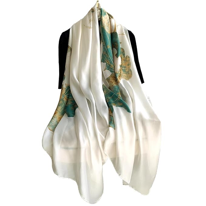 Image of Alexvyan Satin Silk Summer Scarves 170 x 84 cm, Floral Print Green and Off White Colour with Stitched Border, Lightweight Fashion Scarf for Women Sun Protection Stole