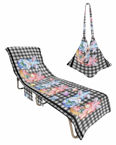 Easter Gnomes Beach Chair Towel Covers for Chaise Lounge with Side Pocket, Soft Plush Pool Towels Cover for Patio Sunbathing Outdoor 29''x85'' Watercolor Eggs Black White Buffalo Plaid