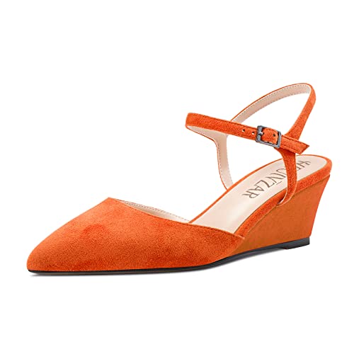 HEUIVZAR Ankle Strap Wedge Pumps for Womens Pointed Toe Mid Chunky Block Heel Slingback Two-Piece Suede Casual Comfort Dress Shoes 2 Inch