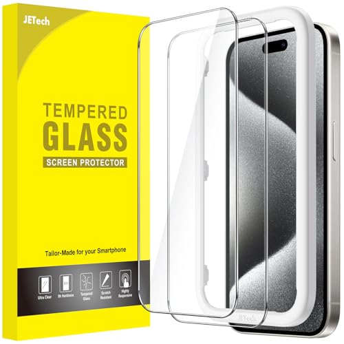 JETech Protector de Pantalla para iPhone 15 Pro 6,1 Pulgadas, Sin Burbujas, Cristal Vidrio Templado, con Marco de Instalación Fácil, Amigable para Funda, HD Transparente, 2 Unidades