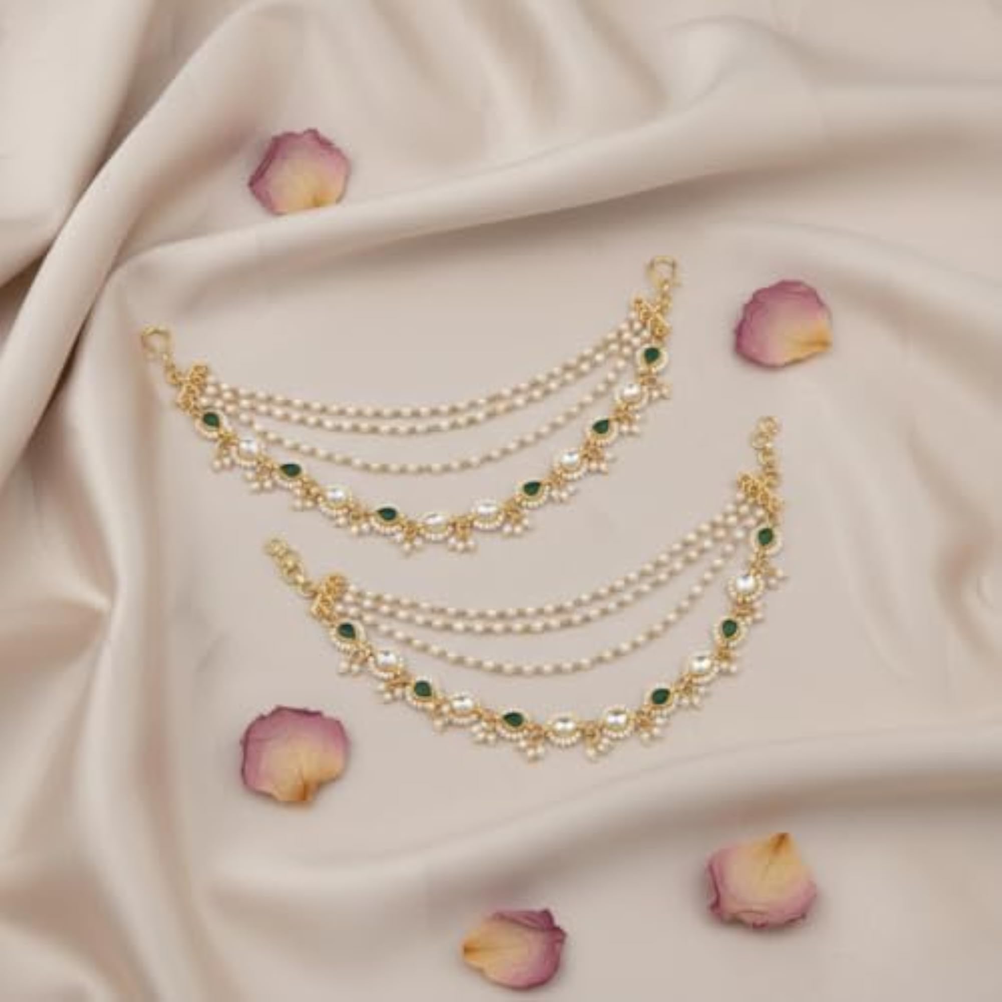 Gold Plated Pearl & Green Stone Kundan Ear Chain, Bridal