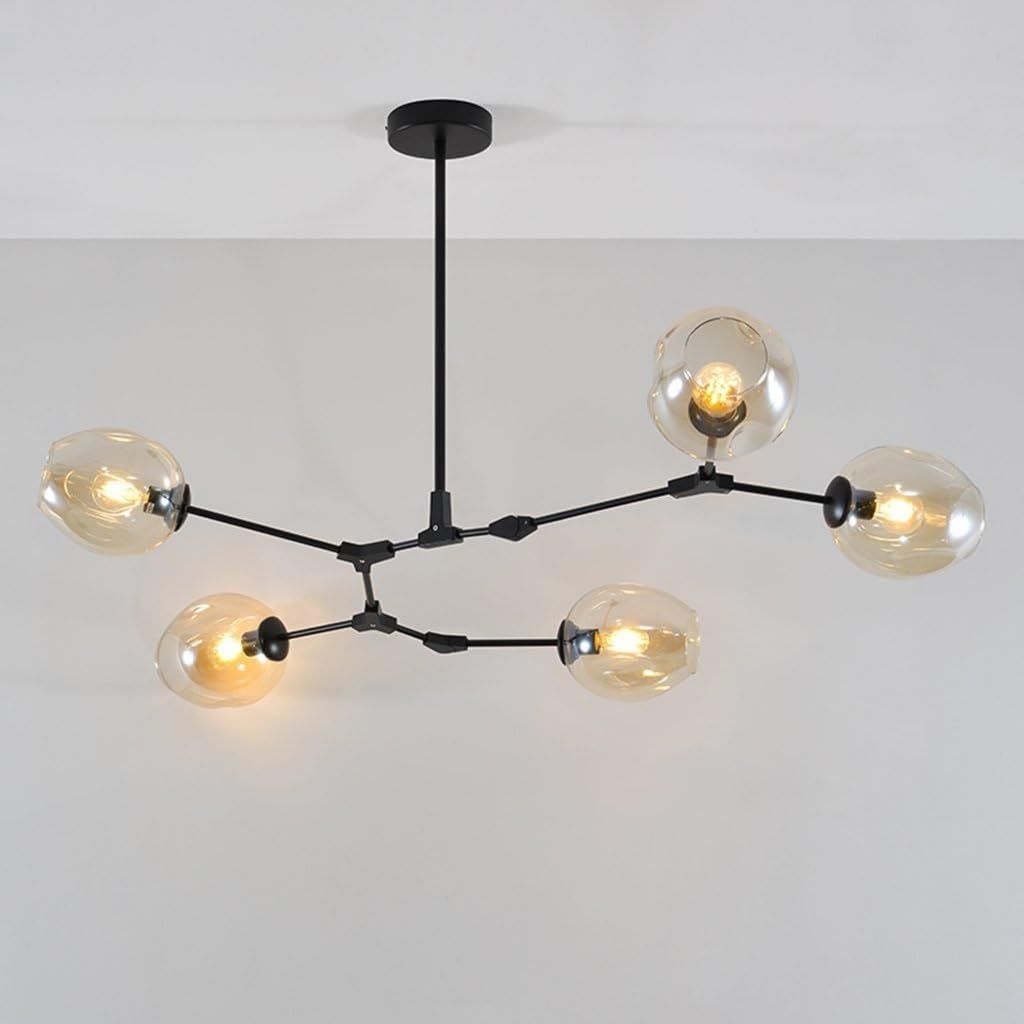 BLOOHK 5-Light Modern Sputnik Chandelier, Matte Black Branching Pendant Light with Glass Globes, Mid Century Ceiling Fixture for Dining Room, Living Room