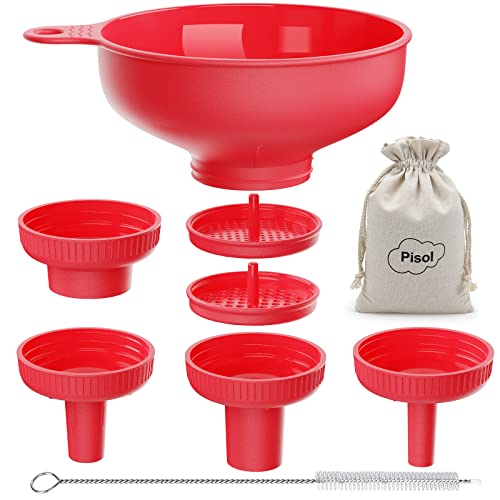 Pisol Wide Mouth Versatile Funnel, Canning Funnels for Kitchen Use, Food Grade Plastic Cooking Funnel Set with 4 Size Spouts and 2 Strainers for Filling Different Bottles and Bags, Red