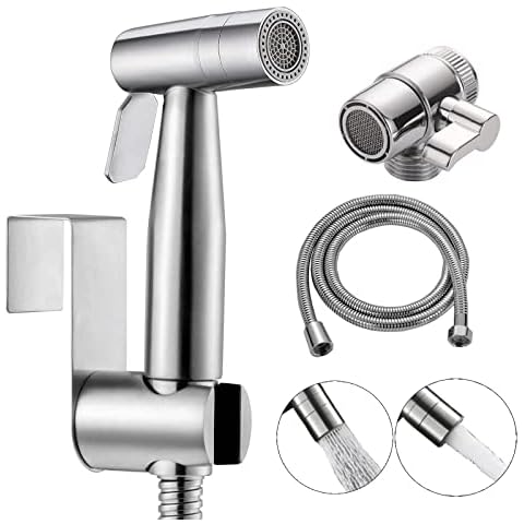 Bidet Edelstahl Handbrause, handgehaltenes Bidet-Toilettensprühgerät mit Dual-Modus (Jet/Stream) - mit Wasserhahnspender, Schlauch- und Hakentoilette oder WandhalterungBidet-WC-Aufsatz aus Edelstahl Cover