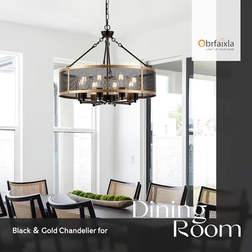 brfaixla Modern 23" Large Black Gold Mesh Drum Chandelier for Dining Room Industrial Retro Semi Flush Mount 4-Light Round Ceiling Light Fixtures for Kitchen Bedroom Living Room Hallway Entryway Foyer — view 4