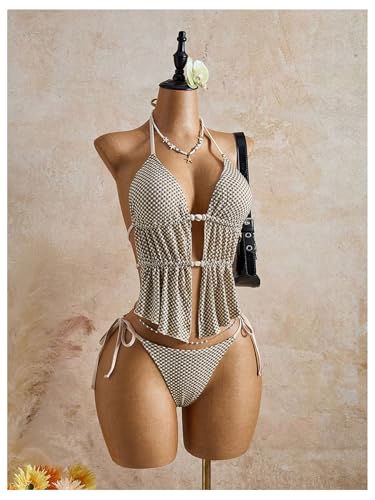 Image of RoseSeek Women's 2 Piece Boho Polka Dots Beaded Bikini Sets Sexy Swimsuits | Halter Swimsuits, Backless, Textured, Tie Side, Tankini Set, Bathing Suits, Summer, Vacation