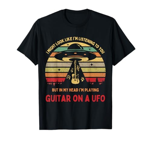 Funny Alien Playing Guitar On UFO Musician Band Guitarists T-Shirt