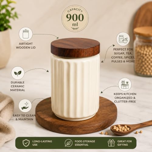 Image of 'Classic White Line' Airtight Ceramic Jar - 100ml Each - Wooden Lid - Kitchen Containers for Sugar, Tea, Salt, Pickles, Pulses & More (While Lines)