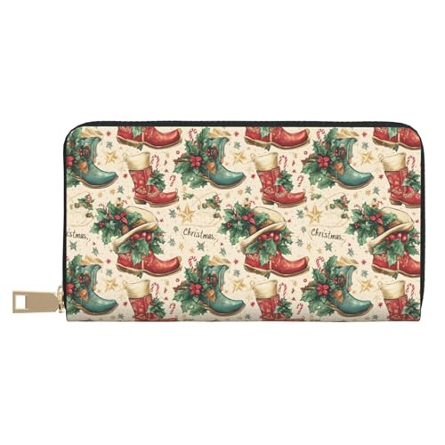 Leather Thin Slim Wallets for Women Men - Fashion Christmas Cowboy Boots Print Card Wallet Holder with Zipper