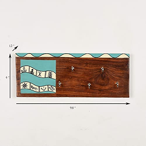 Image of ARTYSTA BEAUTIFYING LIVES 'Warli Motif' Aqua Blue Wooden Key Holder For Wall Stylish Decorative Keychain Holder Key Hanger For Home Decor (5 Hooks)