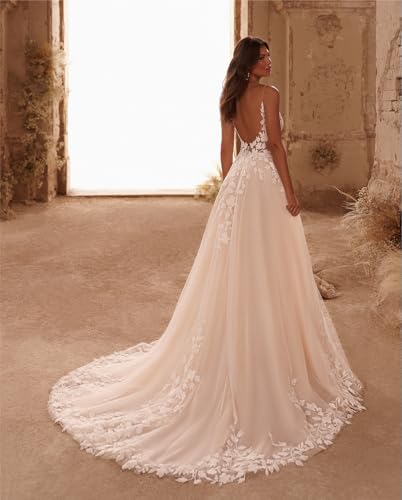 A Line Wedding Dresses for Bride Spaghetti Straps Backless Beach Floral Lace Bridal Gown Wedding Bride Gowns 5