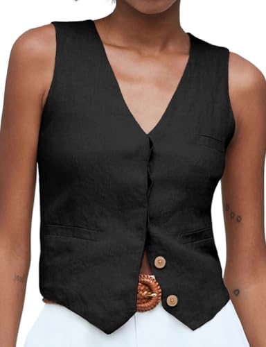 IDEALSANXUN Womens Linen Vest Spring Summer Cropped Button Down Suit Vest Tops