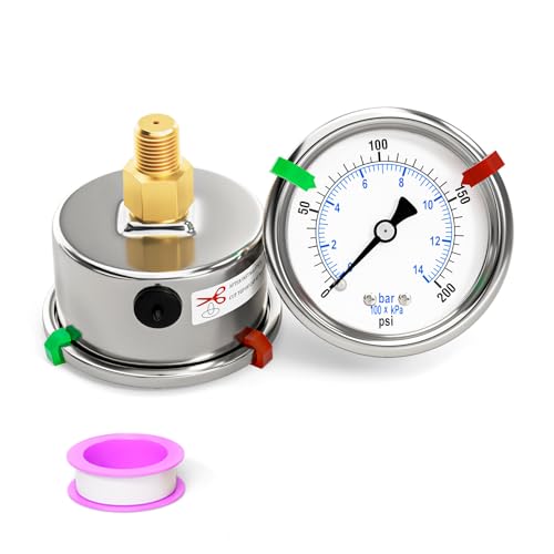 0-200Psi Stainless Steel Dry Low Pressure Gauge 1/8" NPT 2" Dual Scale Dial, Back Mount, Waterproof for Water Oil Air Well pump, compressors, Tire Gas Pressure Test (with Range Mark Pointer)