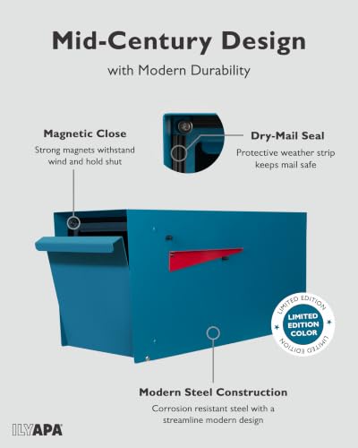 Image of Ilyapa Modern Mailbox for Outside Post Mount - Blue Powder Coated Metal Mailbox, Waterproof Letter Box for Parcels, Recessed Magnetic Close Door