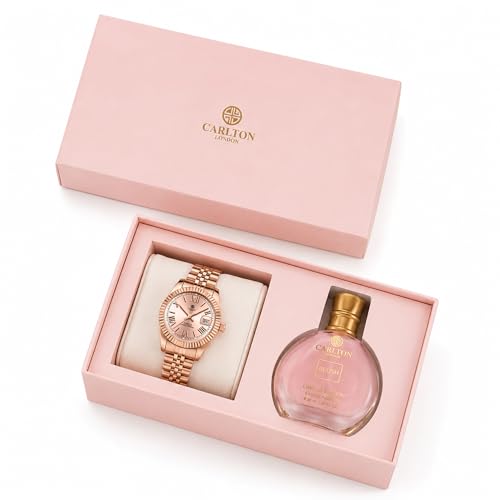 Image of Carlton London Women's Gift Set - Harper Gold Analog Watch & Blush Perfume 30ml for Women | Luxury Fashion Wrist Watch with Fragrance Combo | Elegant Gift Set for Birthday, Anniversary & Special Occasions