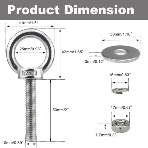 Image of M10 Stainless Steel Eye Bolts with Nuts 4 Pack, M10 x 50mm (3 /8 inch x 2 inch) Long Shoulder Lifting Eye Bolt for Swing Board, Heavy Duty Threaded Ring Screw Eyebolts for Tie Down Straps Outdoor