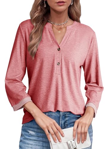Dokotoo Womens Tops 3/4 Length Sleeve T-Shirts V Neck Button Down Dressy Casual Loose Basic Tee Blouses Fall Clothes3
