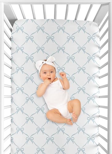 Image of Sweet Jojo Designs Fitted Baby Crib Sheets (Blue Bows) for Girls, Infant Nursery, Toddler Room - Standard Size (Tiffany and White Bow for The Ballerina Ballet Collection, Vintage Coquette Aesthetic)