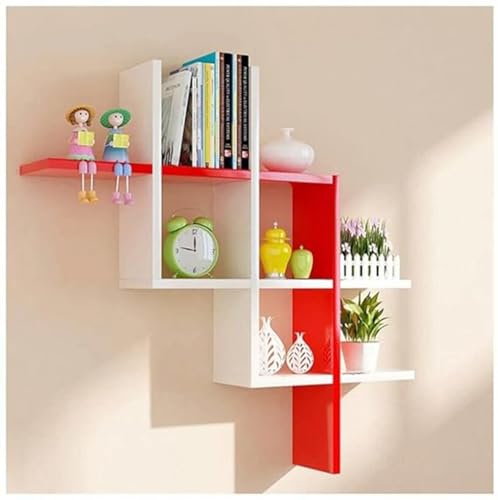 Image of Wooden Wall Shelves for Living Room, Kitchen, Hallway, Bedroom, and Bathroom; Wall Mounted Book Shelf; Wall Shelf for Photos and Decorations; Bend Shelve-White and Red