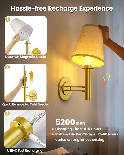 Image of TECOMLIGHT Battery Operated Wall Sconces Lights for Bedroom Set of 2, Wireless Rechargeable LED Wall Lamp with Remote & Touch Control, Wall Mount Lighting Fixture for Living Room, Satin Gold