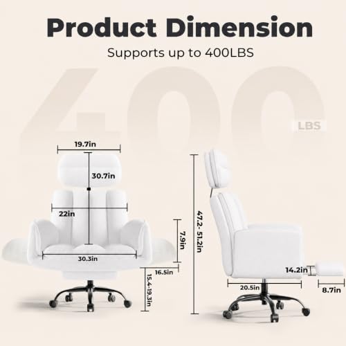 Image of Big and Tall Office Chair, Flip Armrests for Pets & Cross Legged Sitting | Executive Ergonomic Computer Gaming Chair with Foot Rest, Teddy Fleece Wide Seat Reclining Desk Chair, White Vanity Chair