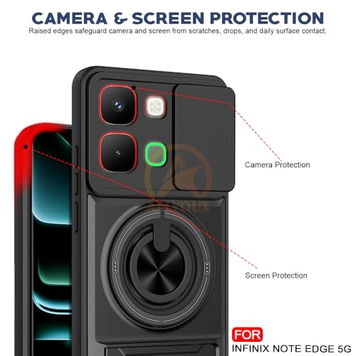 Image of Infinix Note Edge 5G Back Cover | Armor Camera Slider 360 Degree Rotating Finger Ring Holder Case with Bracket Stand Back Case Cover (Compatible with MagSafe Accessories) (Black)