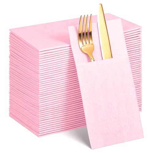 60 Pcs Pink Linen-Feel Paper Napkins with Built-in Flatware Pocket Pocket Linen Napkin Prefolded Cloth Like Paper Napkins Bulk for Girls Birthday Baby Bridal Shower Tea Party Wedding