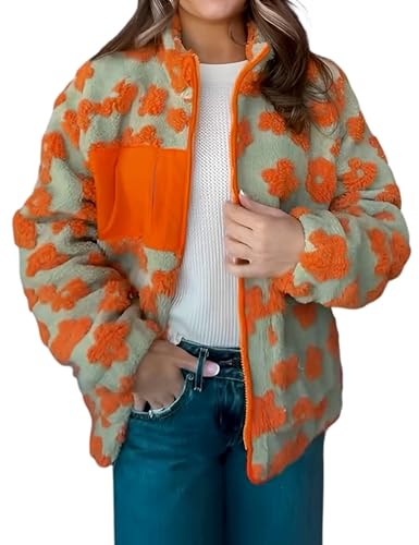 Yeokou Women Floral Jacket Winter Sherpa Fleece Coat Daisy Jacquard Stand Collar Full Zip-Up Pockets Warm Lining Outwear2