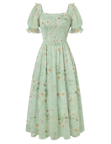 Image of Scarlet Darkness Floral Dress for Women Summer Puff Sleeve Square Neck A Line Flowy Wedding Guest Tea Party Dresses