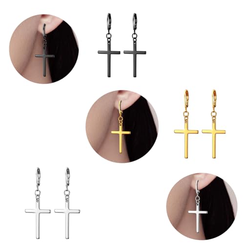3 Pairs Mens Cross Drop Dangle Earrings Set Hanging Dangling Crucifix Hinged Earingings Stainless Steel Black Gold Silver4