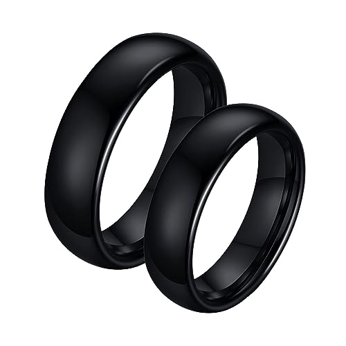 Alliance bague femme et homme tungstène noir 6mm, bague de fiançailles couple anneaux ronds