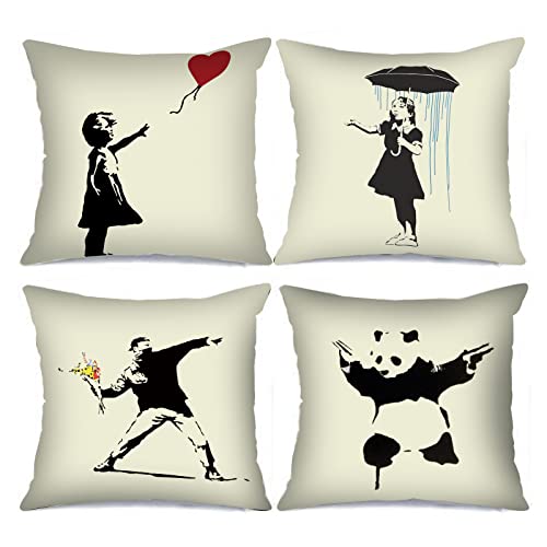 Tucocoo Banksy Art Cushion Covers Decorative 18 x 18 Inch (46 x 46 cm) Set of 4 Black and White Graffiti Street Pop Cushion Cover Outdoor Decorations Throw Pillows for Couch Sofa Bed Car Home Decor