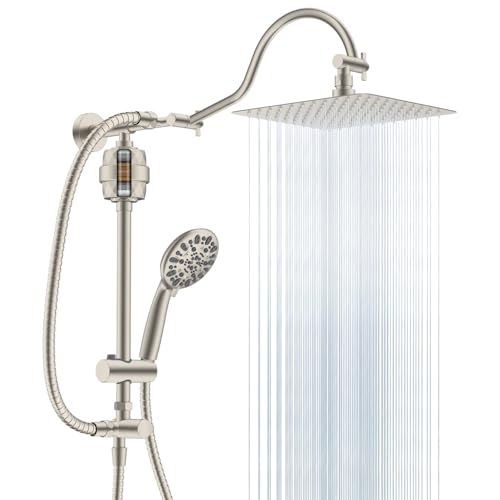 Hibbent All Metal 10'' Filtered Rainfall Shower Head Combo for Easy Reach, High Pressure Shower Head System, Handheld Showerhead, Adjustable Holder, 18'' Extension Arm, Shower Filter, 7-spra