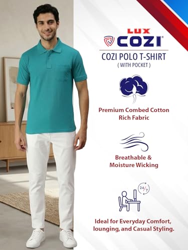 Image of Lux Cozi Men's T-Shirt with Chest Pocket | Polo T-Shirt for Man | Plain Casual Stylish | Half Sleeve| Cotton Blend Collar Polo T-Shirts for Men