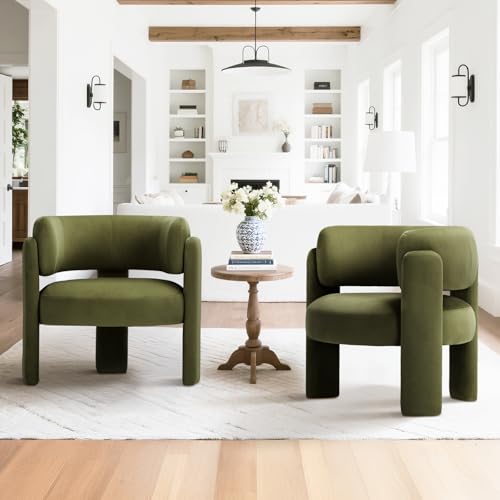 COLAMY Modern Velvet Ohrensessel 2er Set, Gepolsterter Sessel Wohnzimmer, Bequemer Runder loungesessel mit 3 Beinen für Wohnzimmer, Schlafzimmer, Leseecke, Grün