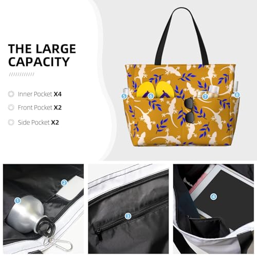 White Gecko Lizard Blue Leaves Large Beach Bag Waterproof Sandproof Swim Tote Pool Bag For Women With Zipper2