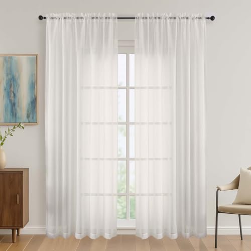 Image of OVZME Ivory Sheer Curtains 84 Inches Long 2 Panels Set, Light Filtering Sheer Curtains for Living Room Bedroom 59 Inch Extra Wide, Modern Voile Filmy Rod Pocket Window Drapes, 59Wx84L Inches