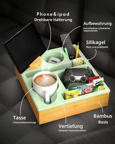 Couchbar Snackbox Silikon sofatablett mit 360 Grad Drehbar Handyhalter beistelltisch mit Holz Sofatablett für Sofa, kino Deko… – Ansicht 2
