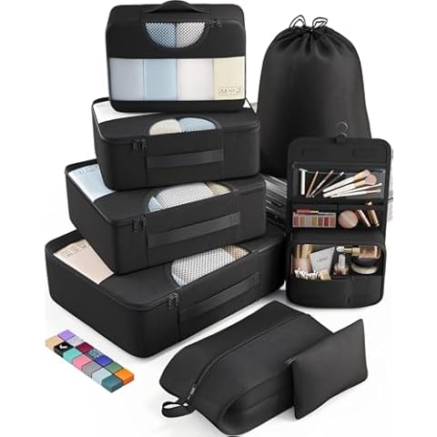 Veken 8 Set Packing Cubes for Travel, Suitcase Essentials Organizer Bags Set for Luggage, Road Trip Travel Accessories in 4 Sizes (Extra Large, Large, Medium, Small), Black Cover