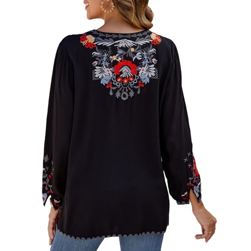 Womens Embroidered Tops Fall Shirts Long Sleeve Casual Mexican Blouses Loose Peasant Tunic Trendy Clothes4