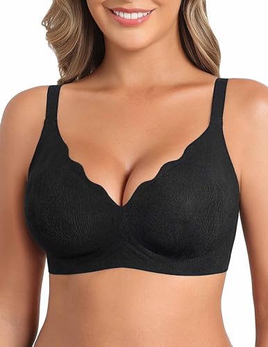 Avidlove Women's Wireless Bras Seamless Bra Full Coverage Lace Tshirt Everyday Bra Black Large