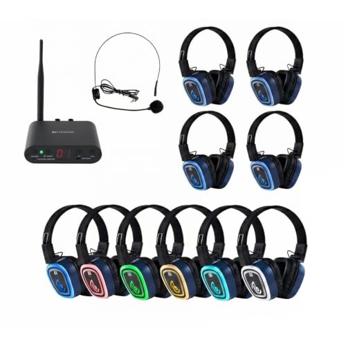Retekess TA003S Desktop Silent Disco Headphone System Bass Boost HI-FI Stereo Sound 6-Channel LED Silent Disco Headphones for Party DJ Festival Fitness Meditation Summer Camp Club Bar(1-10)