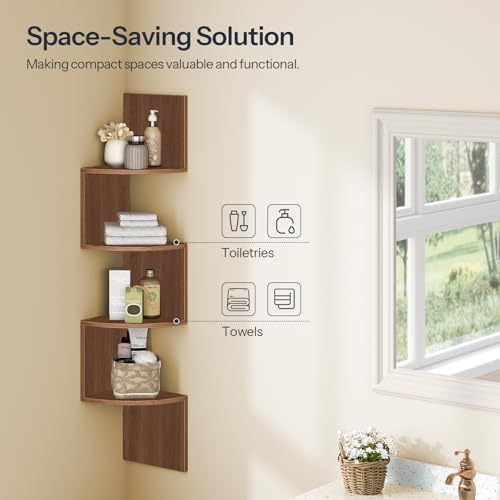 Image of HOOBRO Corner Shelf Wall-Mounted, Set of 2 Floating Corner Shelves for Wall, 4-Tier Corner Bookshelves for Living Room, Bedroom, Bathroom, Home Office, Walnut WL25BJP201