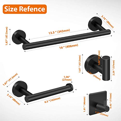 Bathroom Towel Rack Set 5-Pieces, 16\'\' Matte Black Bathroom Hardware Accessories Set SUS304 Stainless Steel Wall Mounted, Includes 16 Inch Bath Towel Holder, Toilet Paper Holder, 3 Robe Towel Hooks