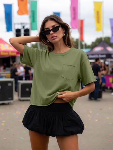 Image of ATHMILE Womens Crop Tops Workout Shirts Gym Oversized Spring Summer Basic Tees Short Sleeve Casual Loose Drop Shoulder 2026