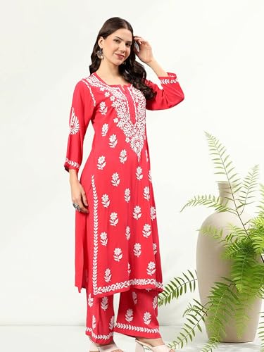 Image of Seva Chikan Hand Embroidered Lucknowi Chikankari Rayon Kurta and Palazzo Set SCL8037