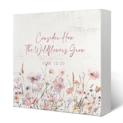 Image of Yetmadi Wildflower Girl Nursery Christian Room Decor For Baby Girls, Wildflower Flower Nursery Bible Verse Floral Wooden Box Desk Decor for Room Baby Girl Wooden Box Sign Wall Desk Gift, 5x5 Inch