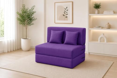 Image of Los Angeles Foldable One Seater Sofa Cum Bed, Sofa Bed 3 X 6 Feet Jute Fabric Washable Cover Including Cushion Perfect for Living Room & Office Guest Room - Purple