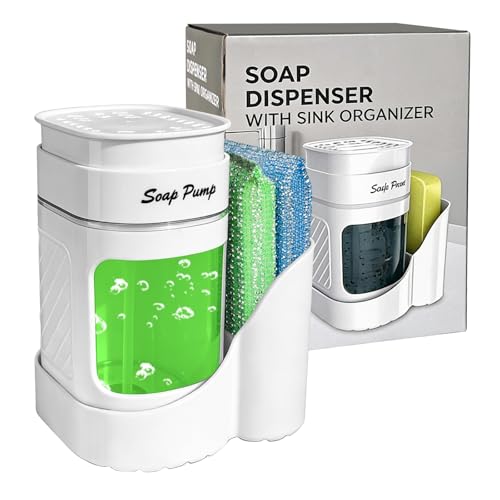 Dispensador Jabon Cocina + 2 Estropajos Antirayaduras | OoNeM | Jabonera Cocina con Uso de Una Mano | Ahorro de Jabón | 450 ml | Dosificador Jabon Cocina