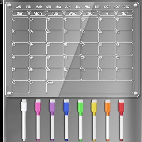 OORAII Magnetic Acrylic Calendar for Fridge Refrigerator Monthly Dry Erase Board w/ 8 Markers & Magnetic Pen Holder, Organic Glass Clear Planning Whiteboard Workout Board Meal Planner Magnetic 16x12'' Cover